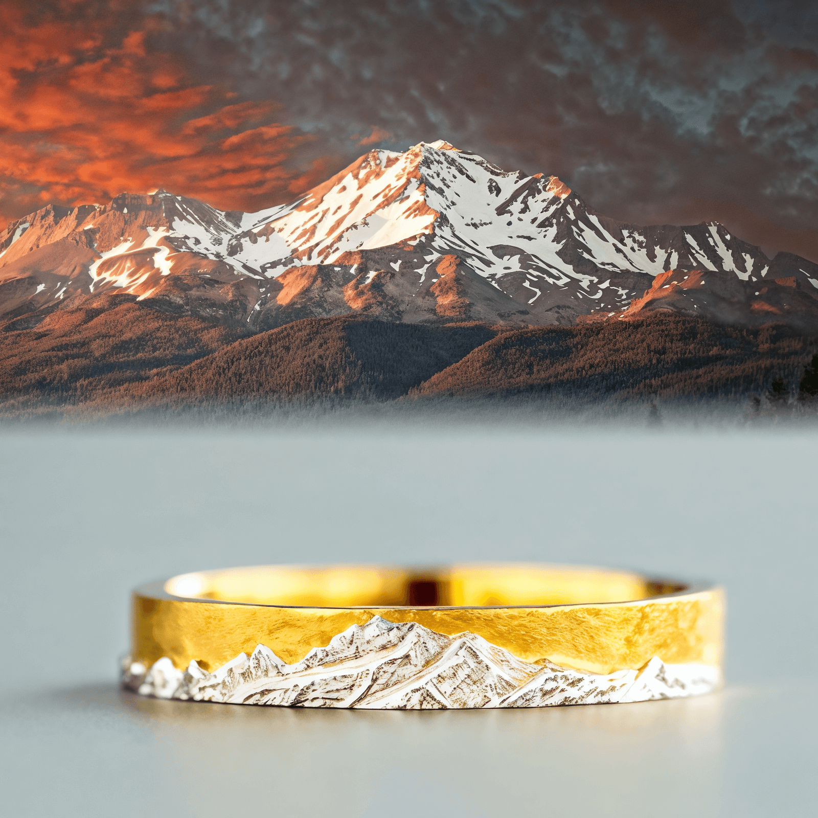 【Mt. Shasta】Gold Hand-Engraved Mount  Mens/Womens Wedding Ring