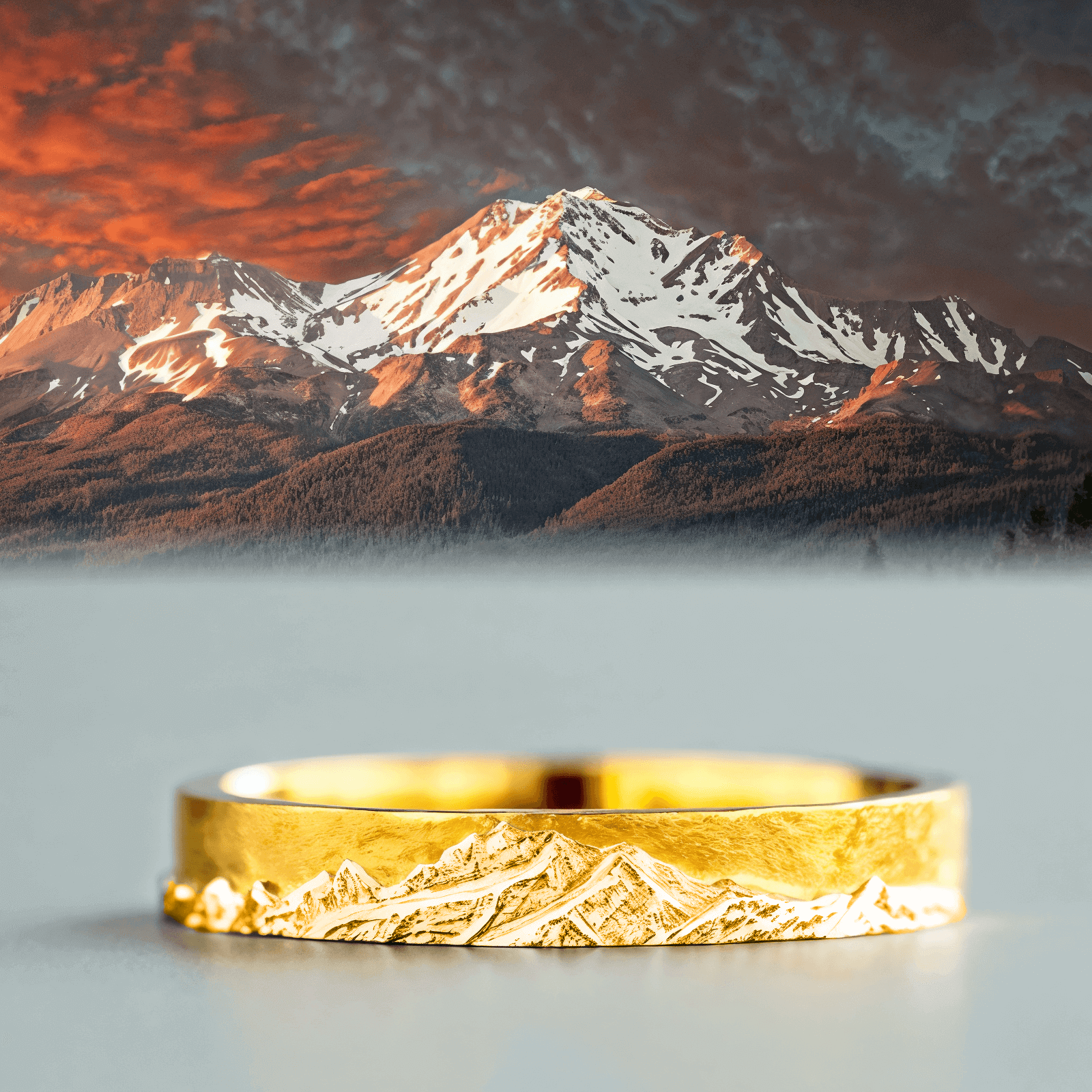 【Mt. Shasta】Hand-Engraved Mount Mens/Womens Wedding Ring