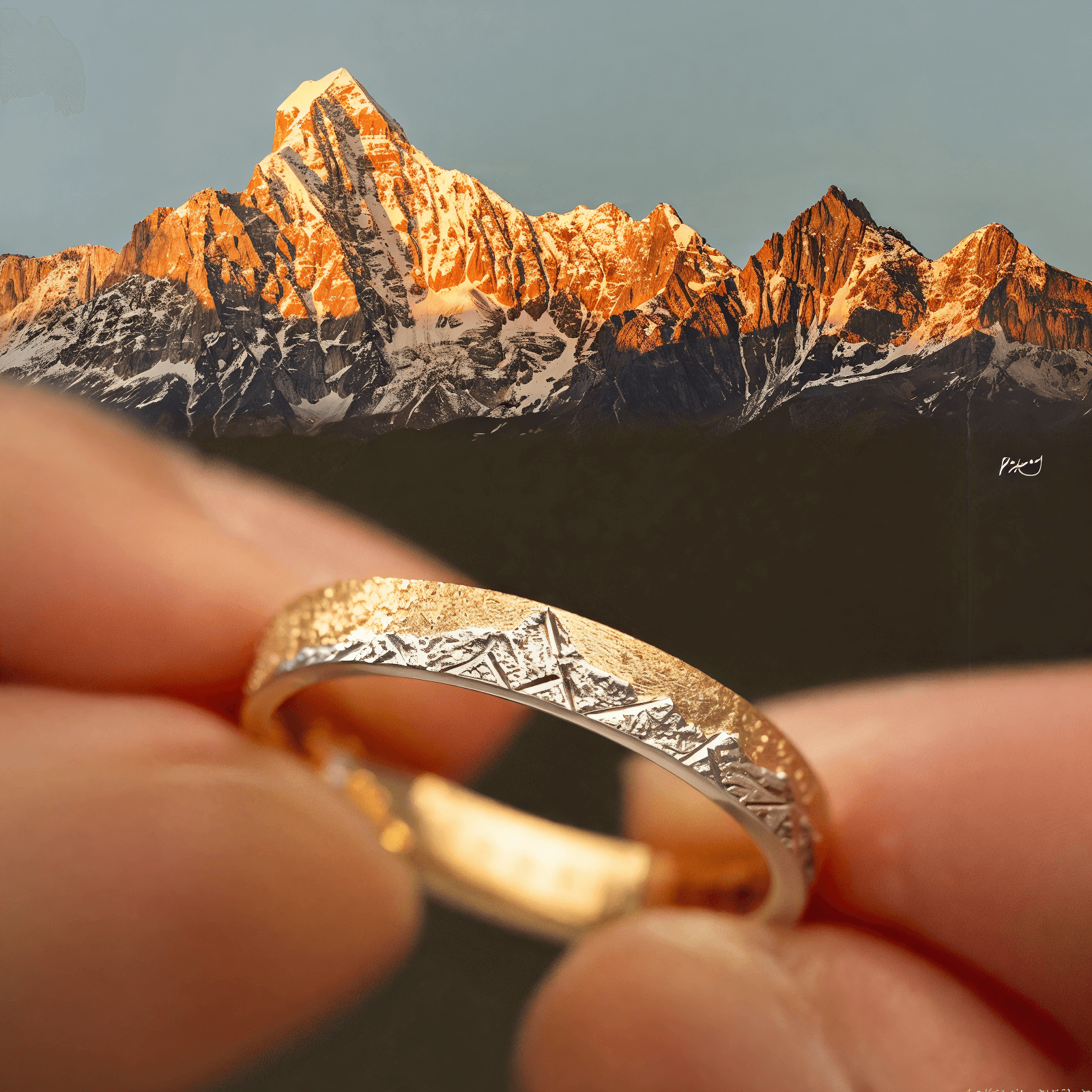 【Mt. Whitney】Gold Hand-Engraved Mount Wedding Ring