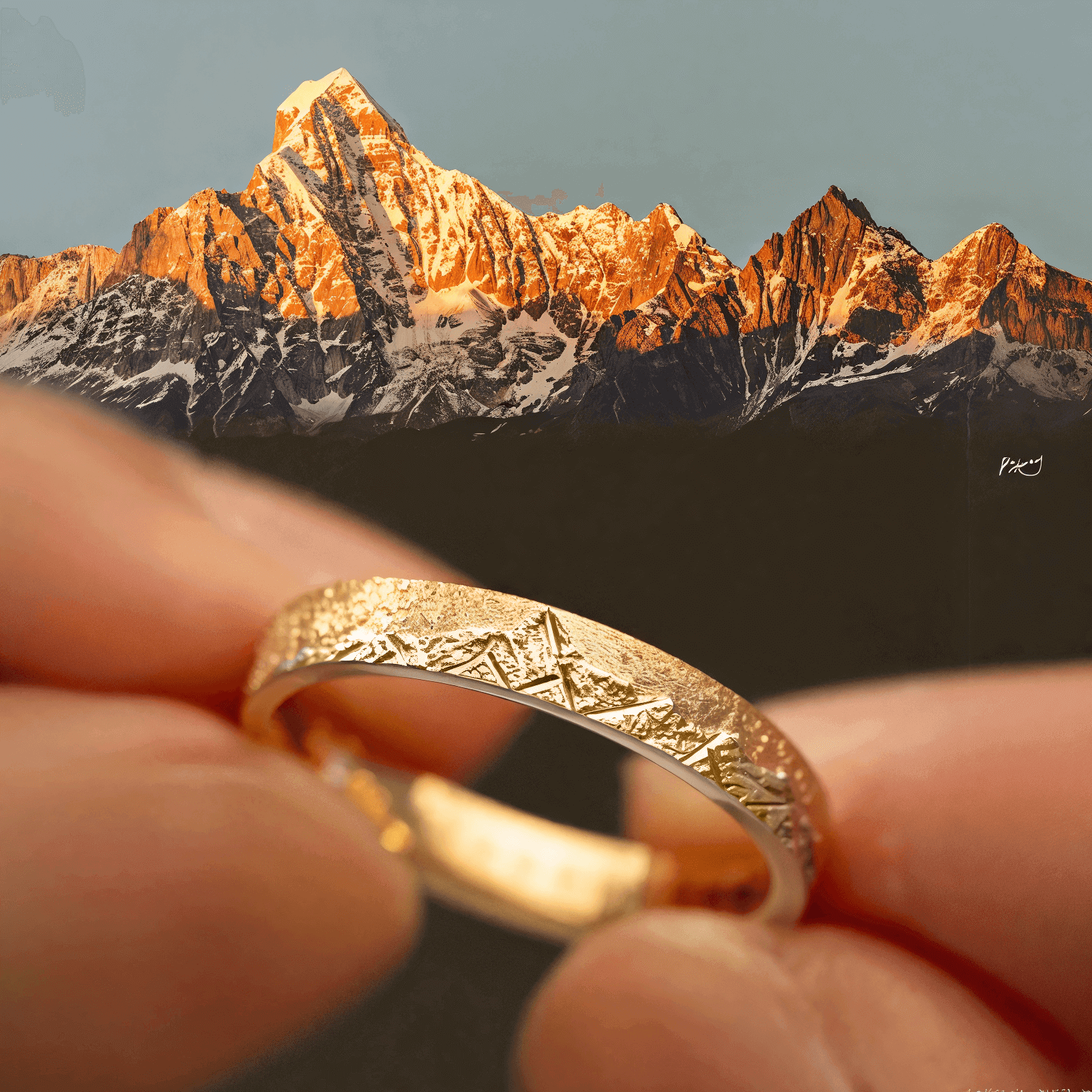 【Mt. Whitney】 Hand-Engraved Mount Mens/Womens Wedding Ring