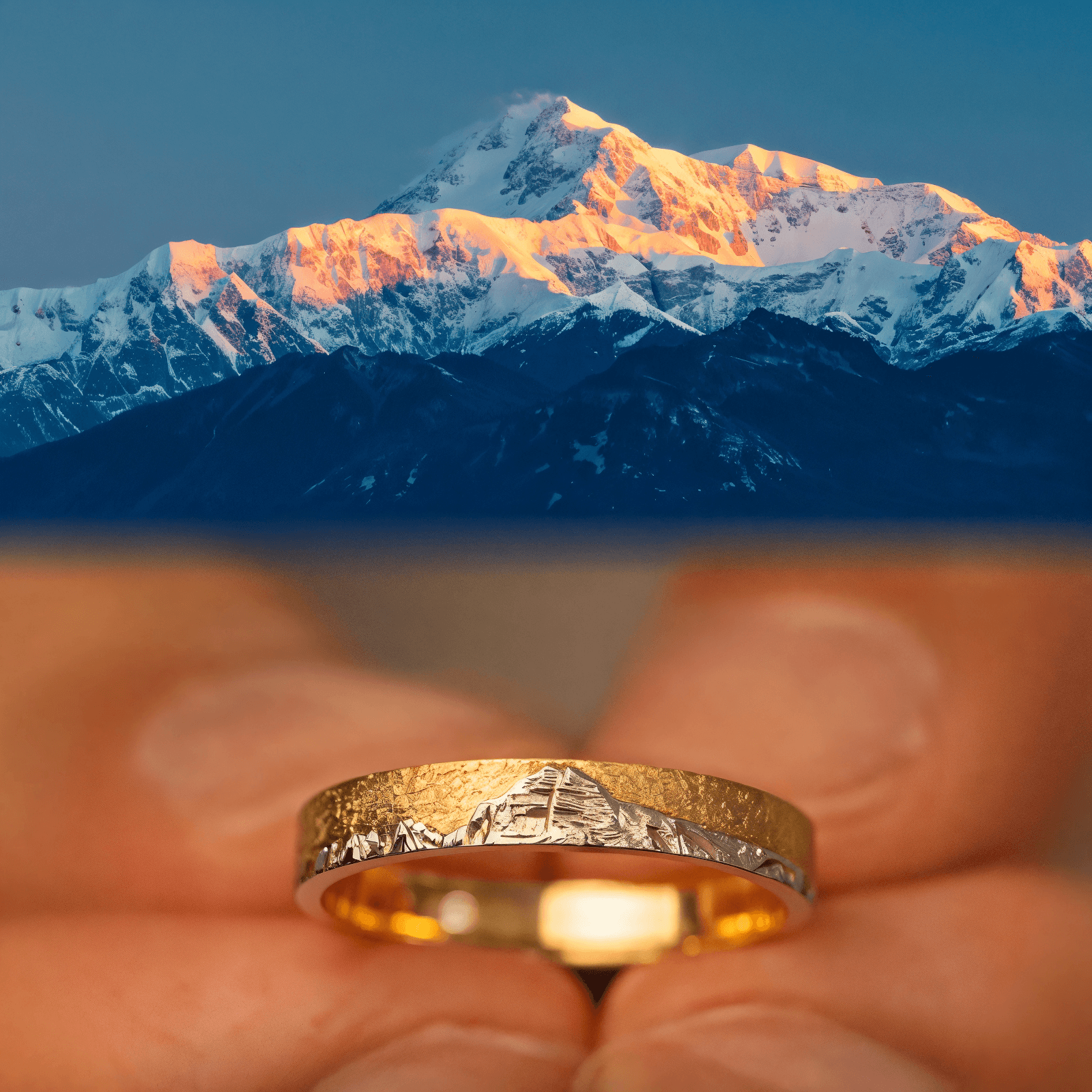 【Mt. Denali】 Gold Hand-Engraved Mount  Wedding Ring