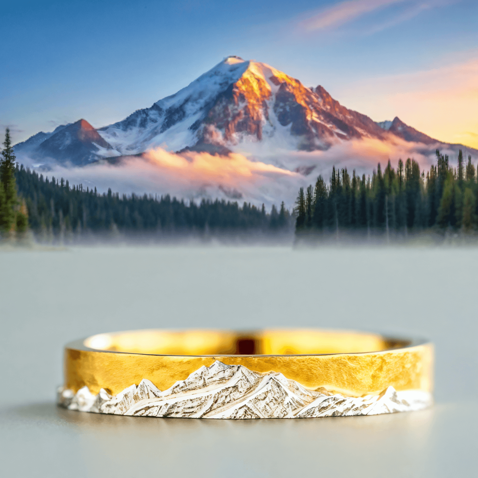 【Mt. Rainier】 Gold Hand-Engraved Mount Wedding Ring