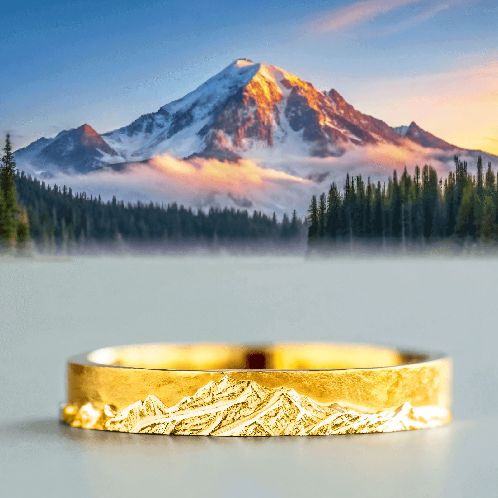 【Mt. Rainier】Hand-Engraved Mount Mens/Womens Wedding Ring