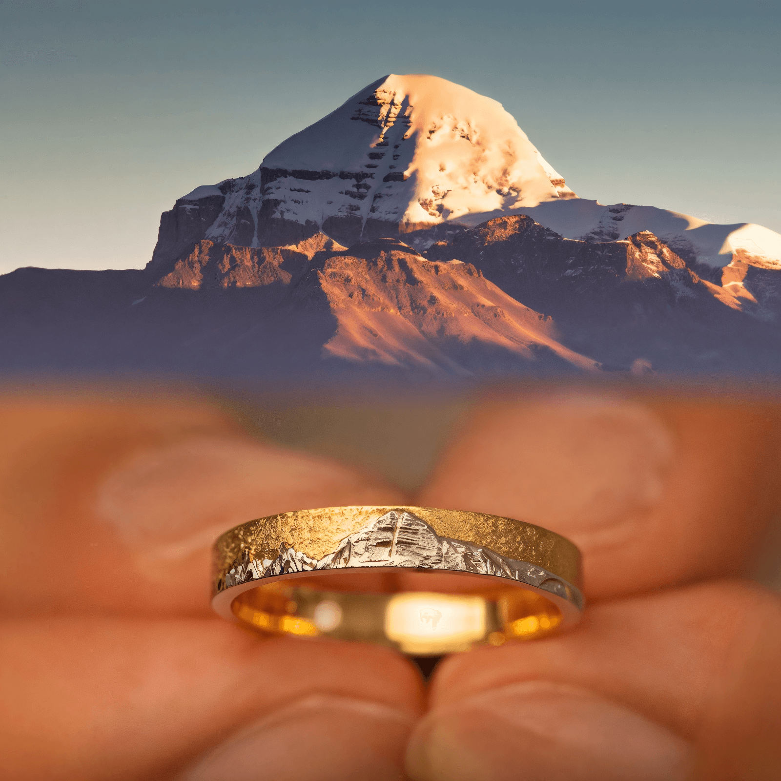 【Mt. Kailash】 Gold Hand-Engraved Mount Mens/Womens Wedding Ring