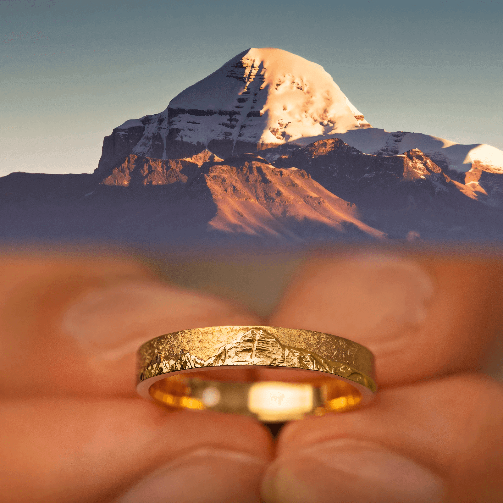 【Mt. Kailash】 Gold Hand-Engraved  Mens/Womens Mount Wedding Ring